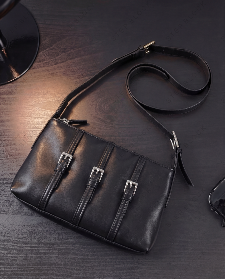 STEP BLOCK Ac075 Multi-Buckle Leather Crossbody Bag