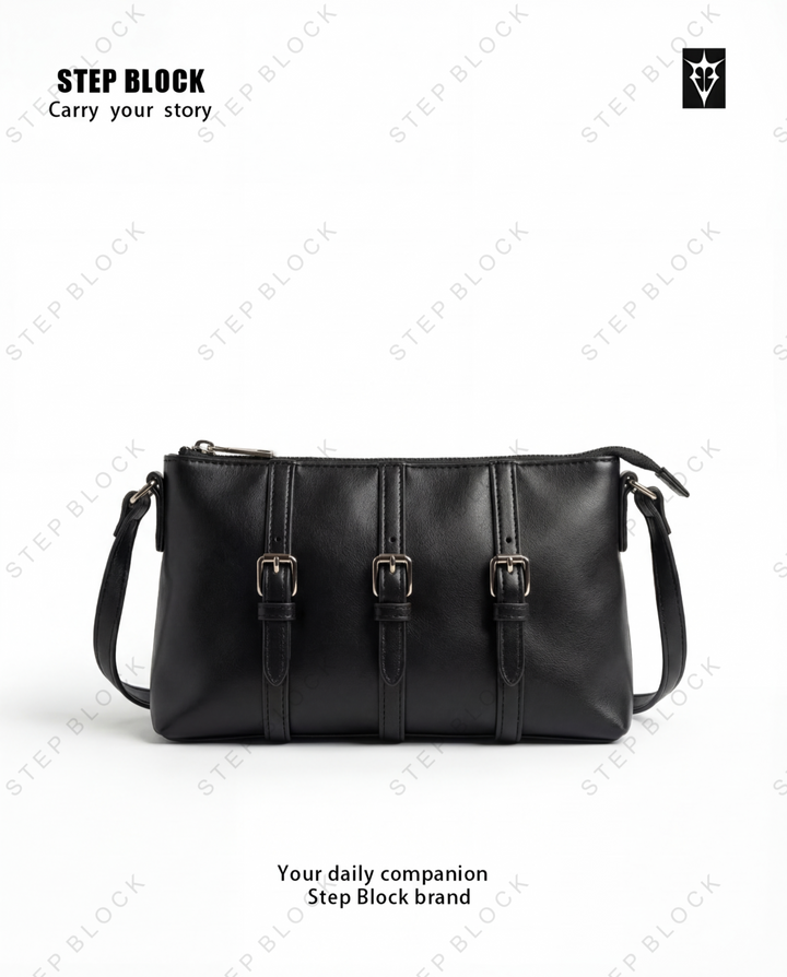 STEP BLOCK Ac075 Multi-Buckle Leather Crossbody Bag